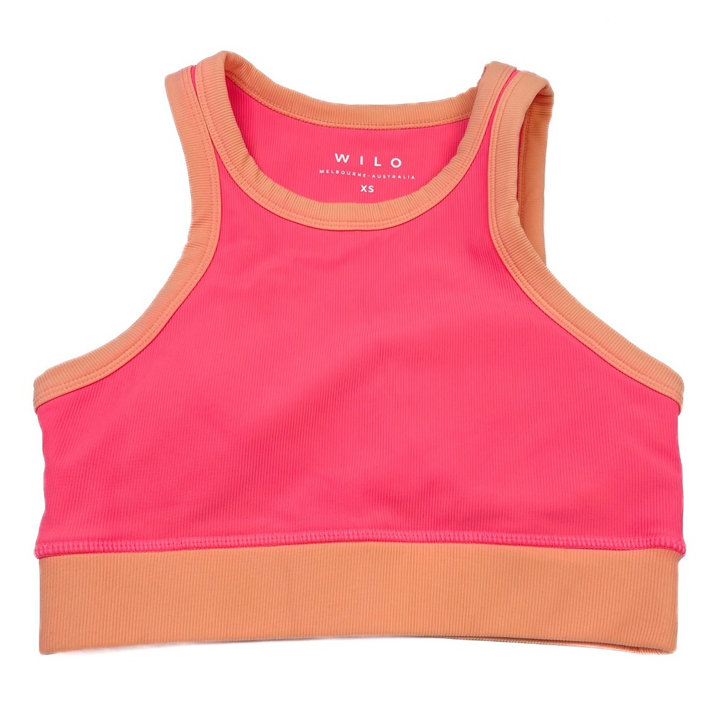 WILO Ribbed Racerback Padded Sports Bra Crop Coral Peach Pink Sz XS Yoga Neon
